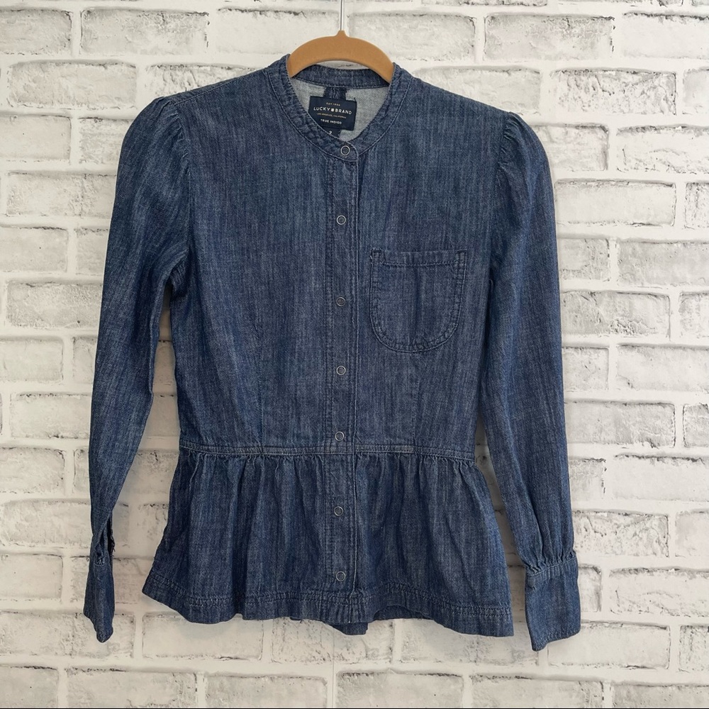 LUCKY Brand Long Sleeve Dark Wash Denim Chambray Snap Front Shirt Top #BB329